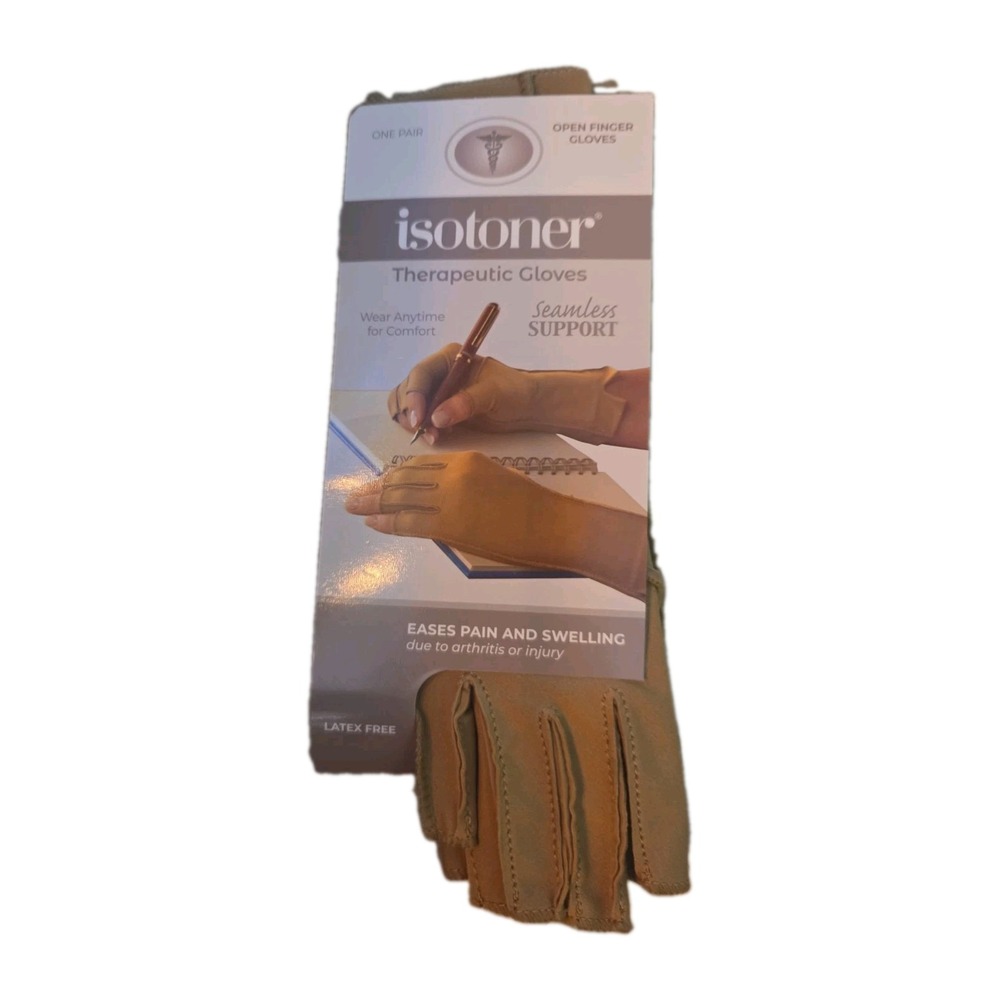 Isotoner Open Finger Compression Gloves Large Arthritis Carpal Tunnel Beige